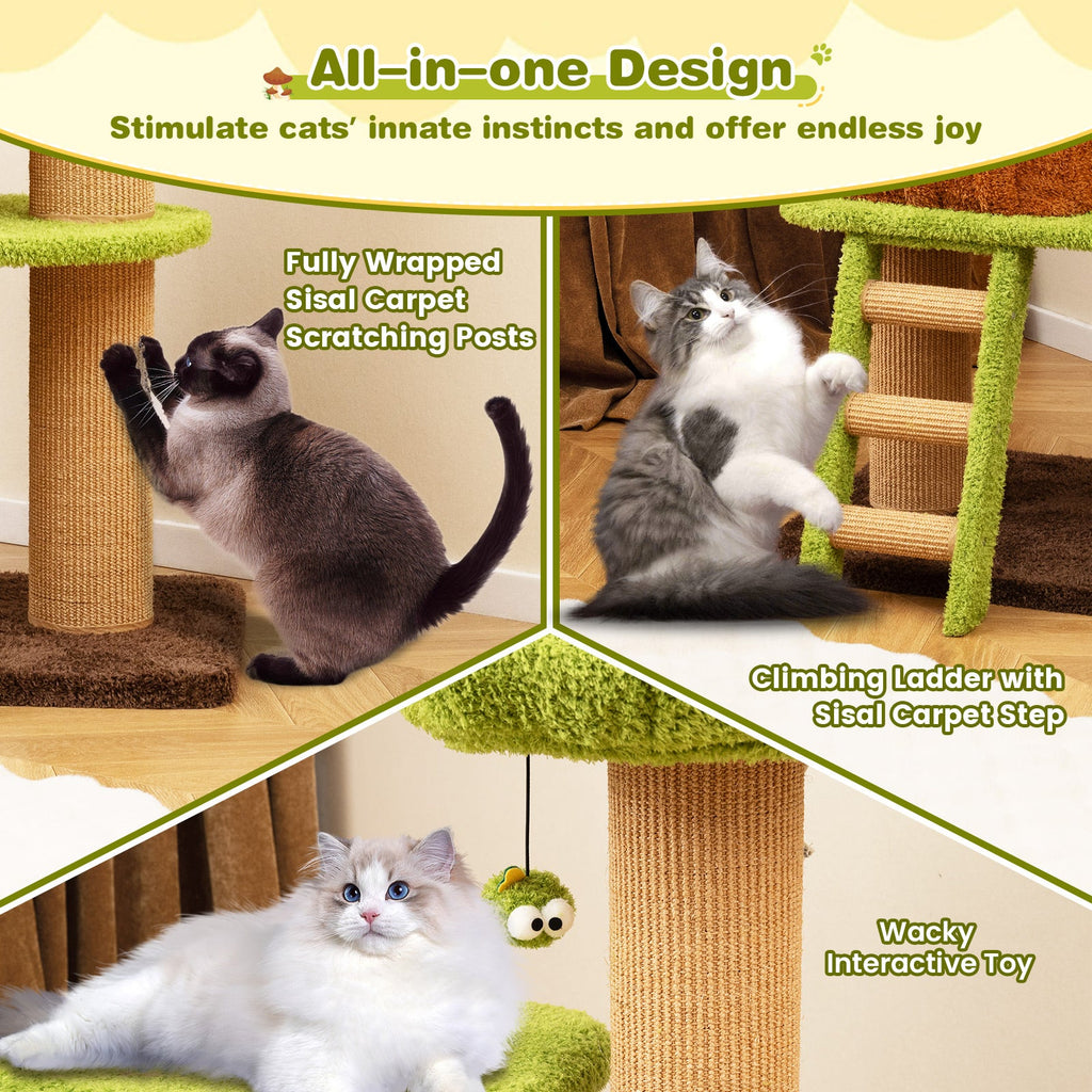 Cute Cat Tree for Indoor Cats with Mushroom-shaped Nest Condo and Climbing Ladder-Green - Majestic Pet Kingdom