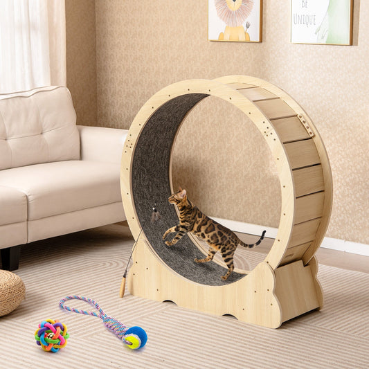 40 Inch Large Cat Exercise Wheel with Lockable Mechanism and Carpeted Runaway for Indoor Cats-Natural | Purrfect Pet Kingdom