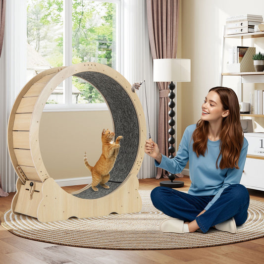 40 Inch Large Cat Exercise Wheel with Lockable Mechanism and Carpeted Runaway for Indoor Cats-Natural | Purrfect Pet Kingdom