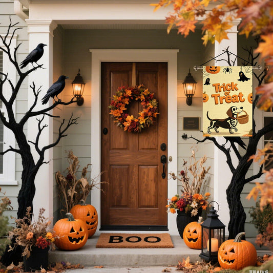 Halloween Trick or Treat Garden Flag 12x18 Double Sided Ghost Dog - Detail Angle 2 | Majestic Pet Kingdom