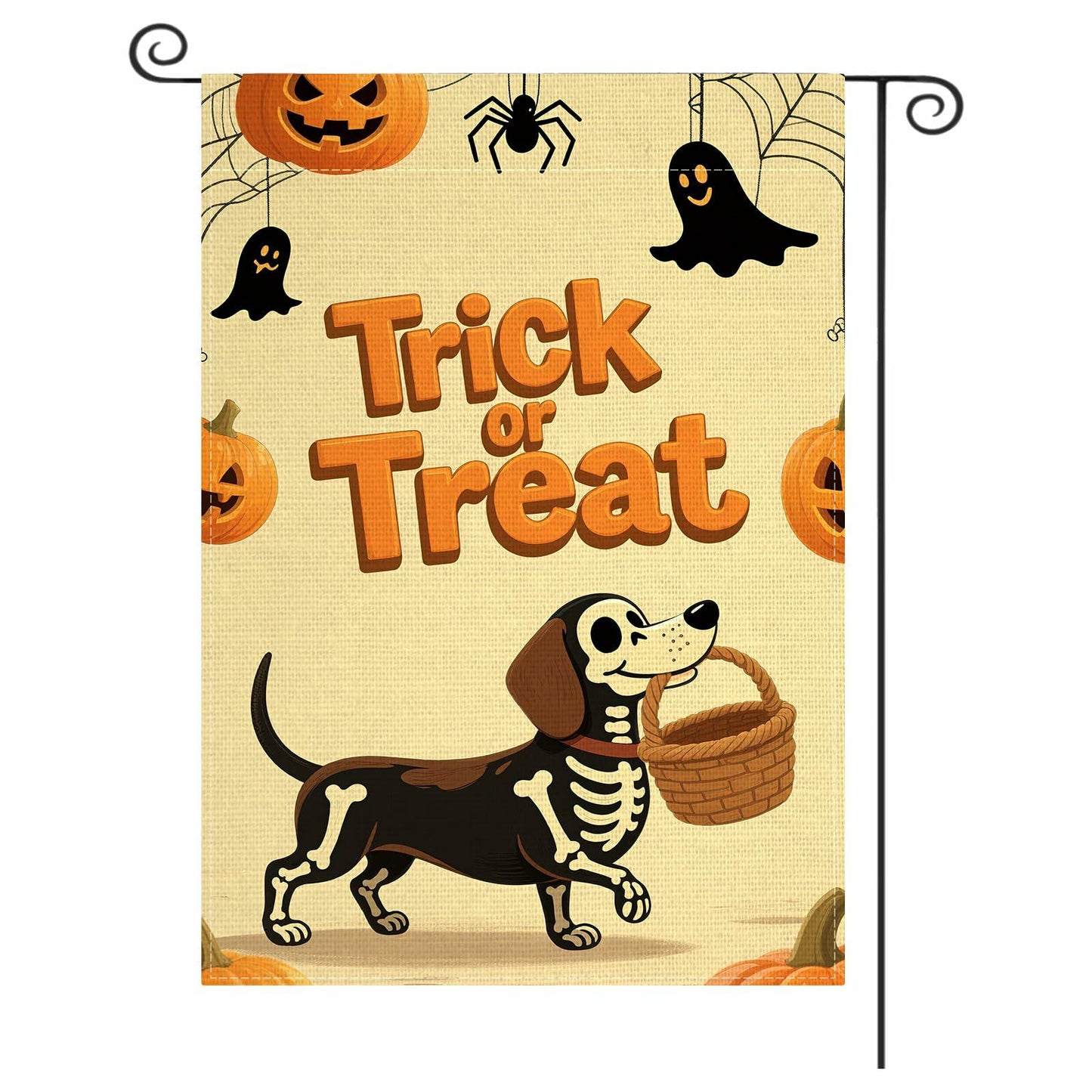 Halloween Trick or Treat Garden Flag 12x18 Double Sided Ghost Dog