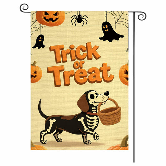 Halloween Trick or Treat Garden Flag 12x18 Double Sided Ghost Dog - Main Feature View | Majestic Pet Kingdom
