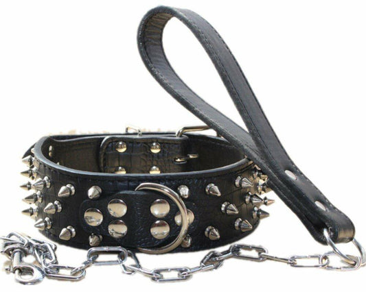 haoyueer Leather Spiked Studded Dog Collar & Chain Leash Set XL Black - Main Feature View | Majestic Pet Kingdom