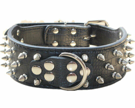 haoyueer Leather Spiked Studded Dog Collar & Chain Leash Set XL Black - Detail Angle 2 | Majestic Pet Kingdom