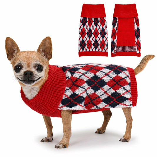 KCFESTIHUE Dog Sweater Plaid Knit Turtleneck Pullover Winter Red Blue S - Main Feature View | Majestic Pet Kingdom