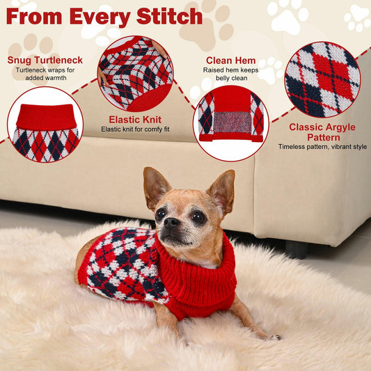 KCFESTIHUE Dog Sweater Plaid Knit Turtleneck Pullover Winter Red Blue S - Detail Angle 2 | Majestic Pet Kingdom