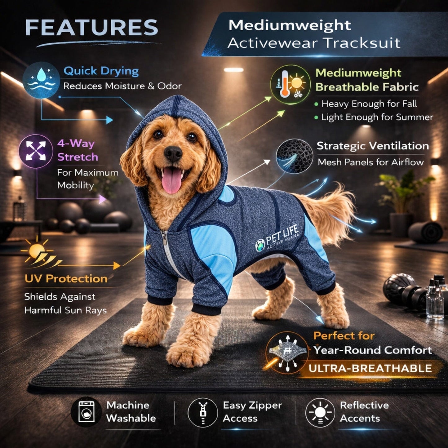 Pet Life ®  Active 'Fur-Breeze' Medium-weight 4-Way-Stretch Full Body Hooded Dog Yoga sweater