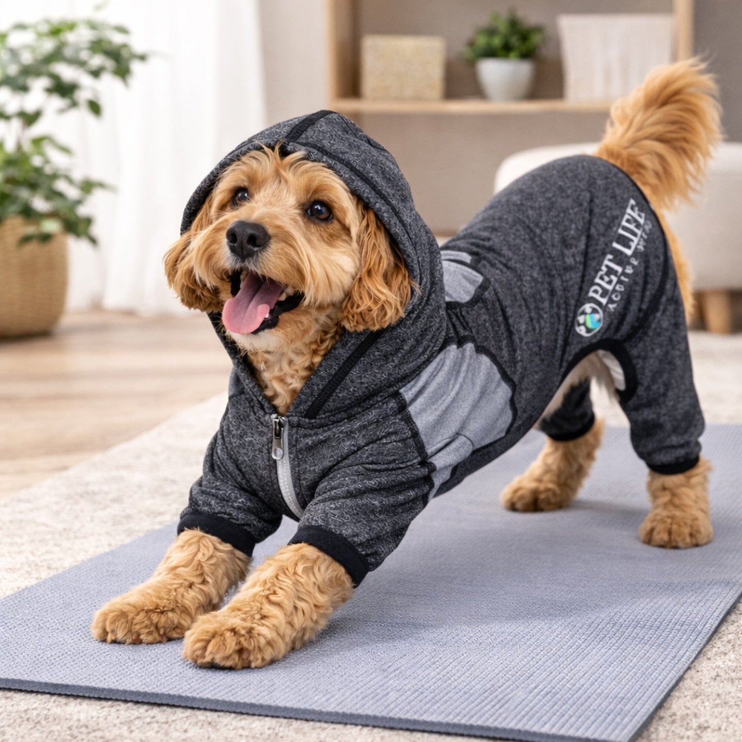 Pet Life ®  Active 'Fur-Breeze' Medium-weight 4-Way-Stretch Full Body Hooded Dog Yoga sweater