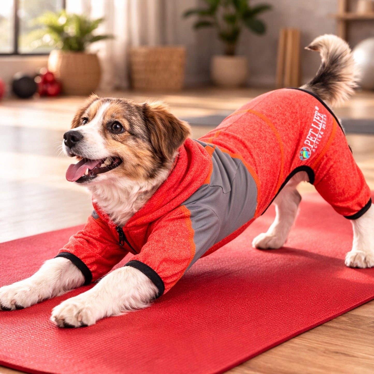 Pet Life ®  Active 'Fur-Breeze' Medium-weight 4-Way-Stretch Full Body Hooded Dog Yoga sweater