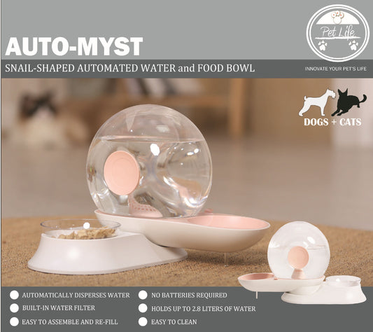 Pet Water Fountain Auto-Myst Snail Shaped 2-in-1 Auto Feeder