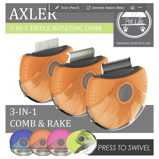'Axler' Triple Rotating Rake Deshedder and Dematting Grooming Pet Comb