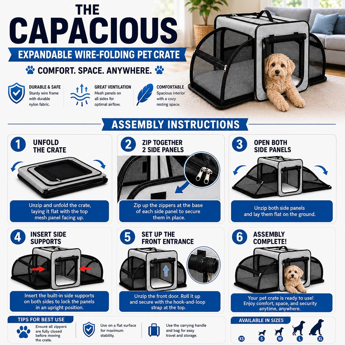 Pet Life ® 'Capacious' Dual-Sided Expandable Spacious Wire Folding Collapsible Lightweight Pet Dog Crate Carrier House