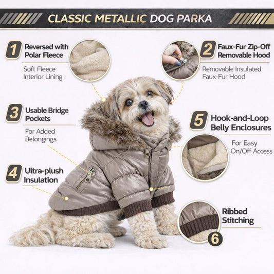 Classic Metallic Fashion 3M Insulated Dog Coat Parka  w/ Removable Hood