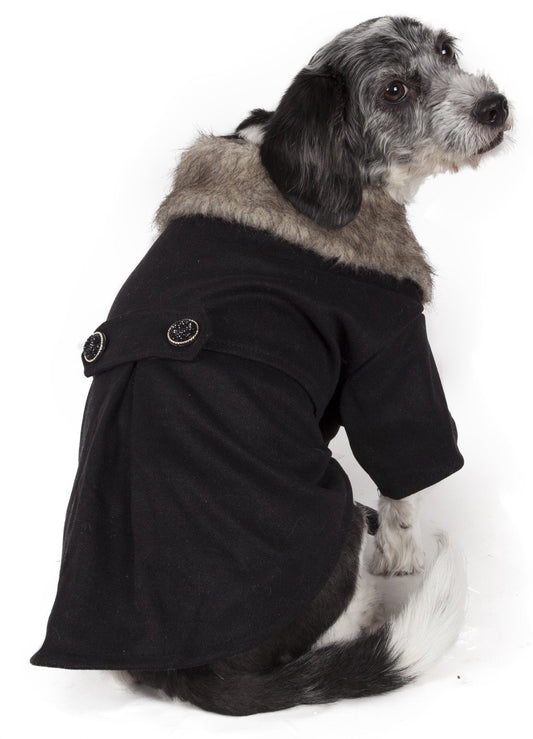 Pet Life ® 'Coast-Guard' Buttoned Fashion Faux-Fur Collared Wool Dog Coat - Main Feature View | Majestic Pet Kingdom