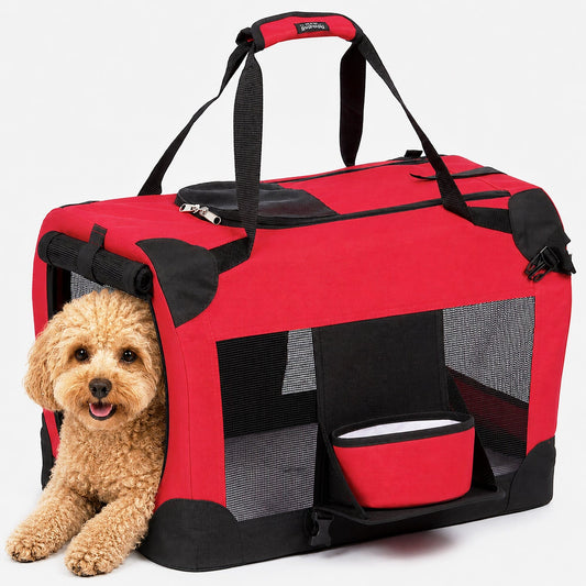 Pet Life ® 'Deluxe 360° Vista View' Zippered Soft Folding Collapsible Metal Framed Pet Dog Crate House Carrier w/ Removable Bowl and Pop-out Tray - Main Feature View | Majestic Pet Kingdom