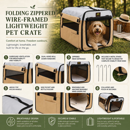 Pet Life ® 'Easy Folding' Zippered Folding Collapsible Wire Framed Lightweight Pet Dog Crate Carrier - Detail Angle 2 | Majestic Pet Kingdom