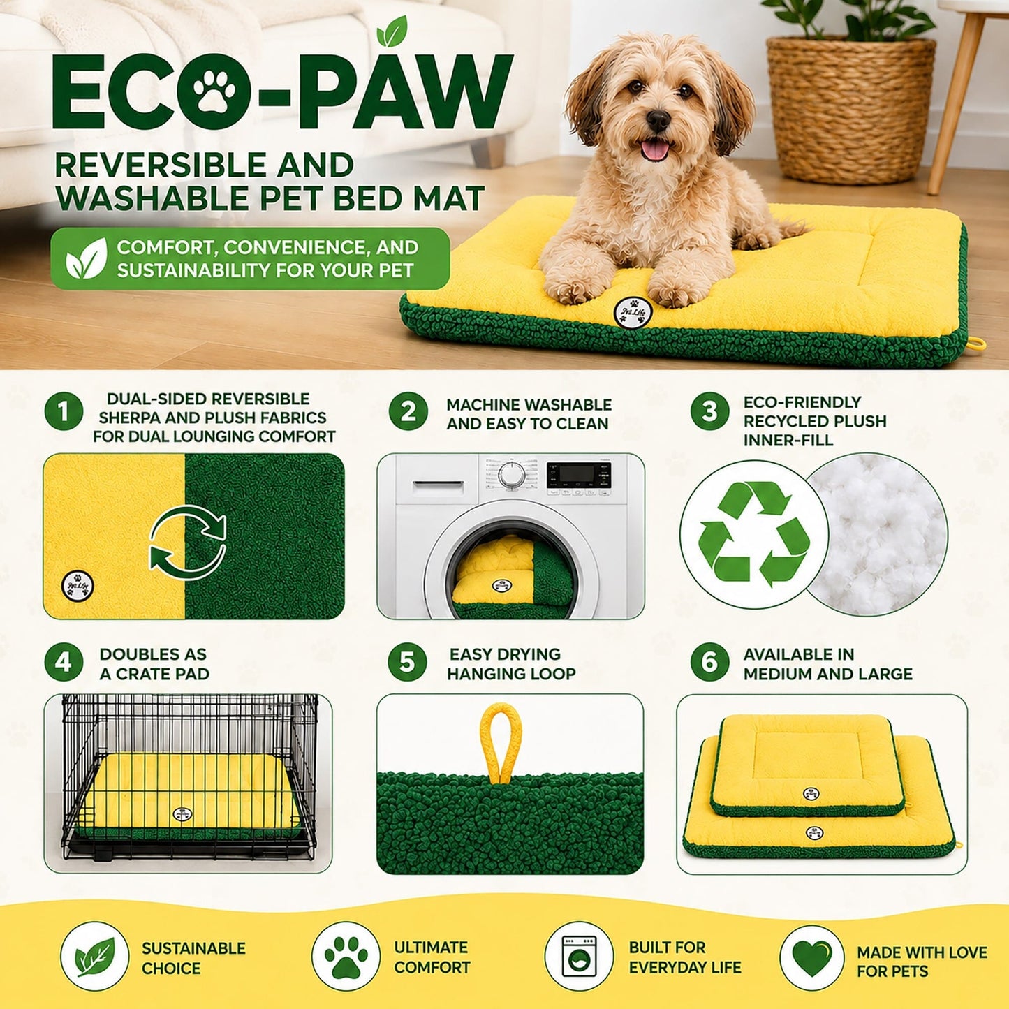 Pet Life ® 'Eco-Paw' Reversible Eco-Friendly Recyclabled Polyfill Fashion Designer Pet Dog Bed Mat Lounge