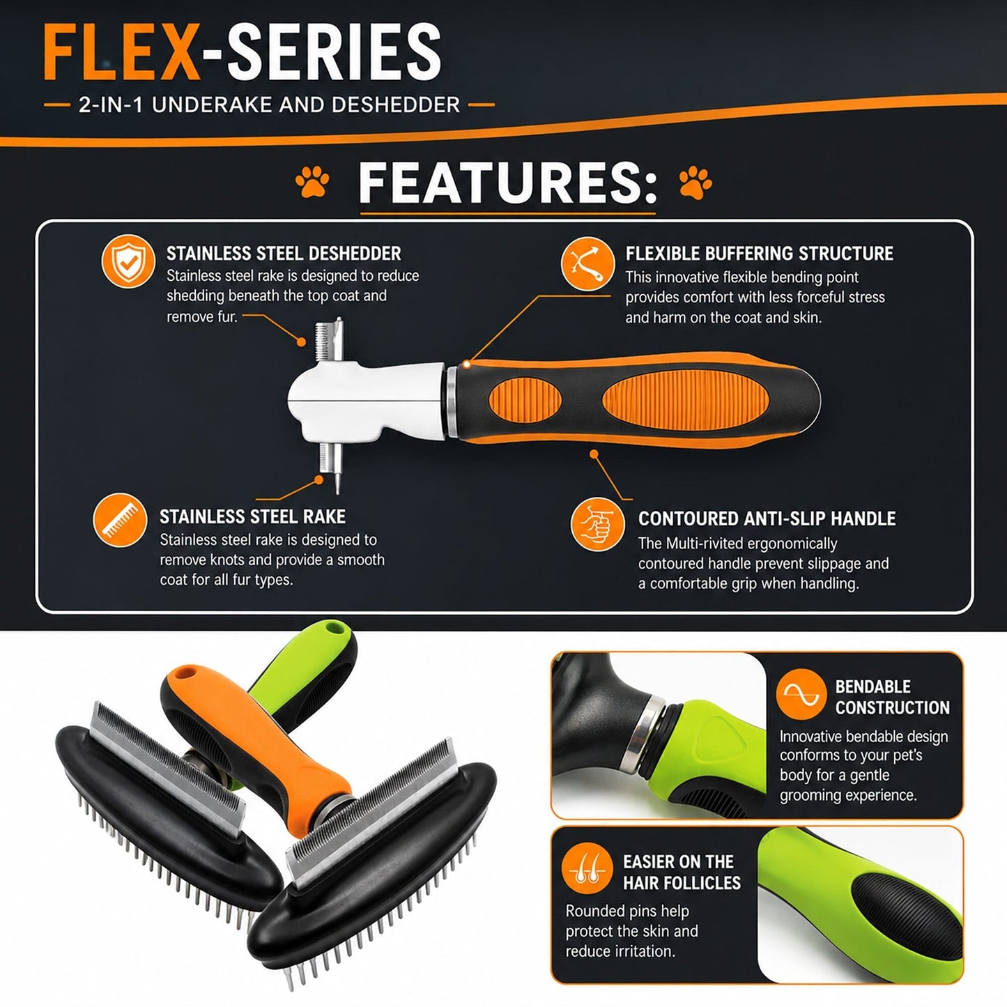 Pet Life ® Flex Series 2-in-1 Dual-Sided Grooming Undercoat Pet Rake and Deshedder