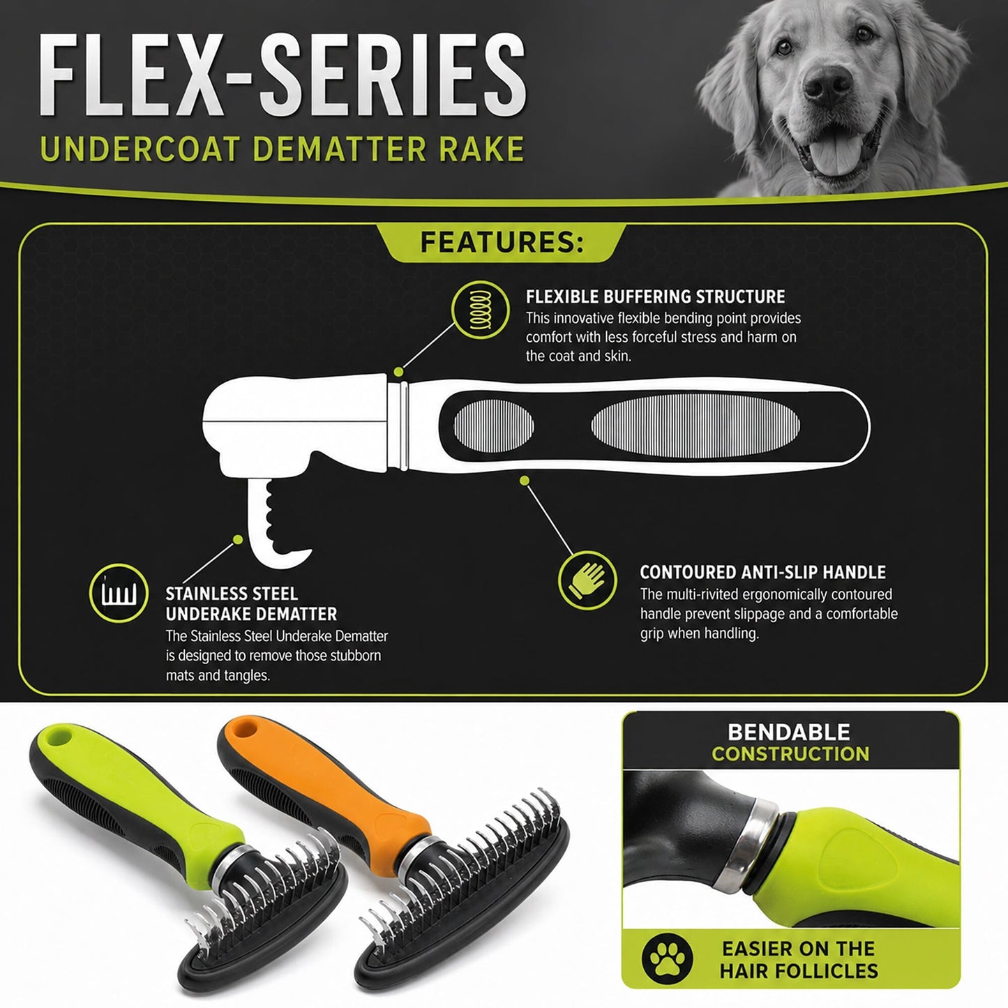 Pet Life ® Flex Series Undercoat Dematter Grooming Pet Rake