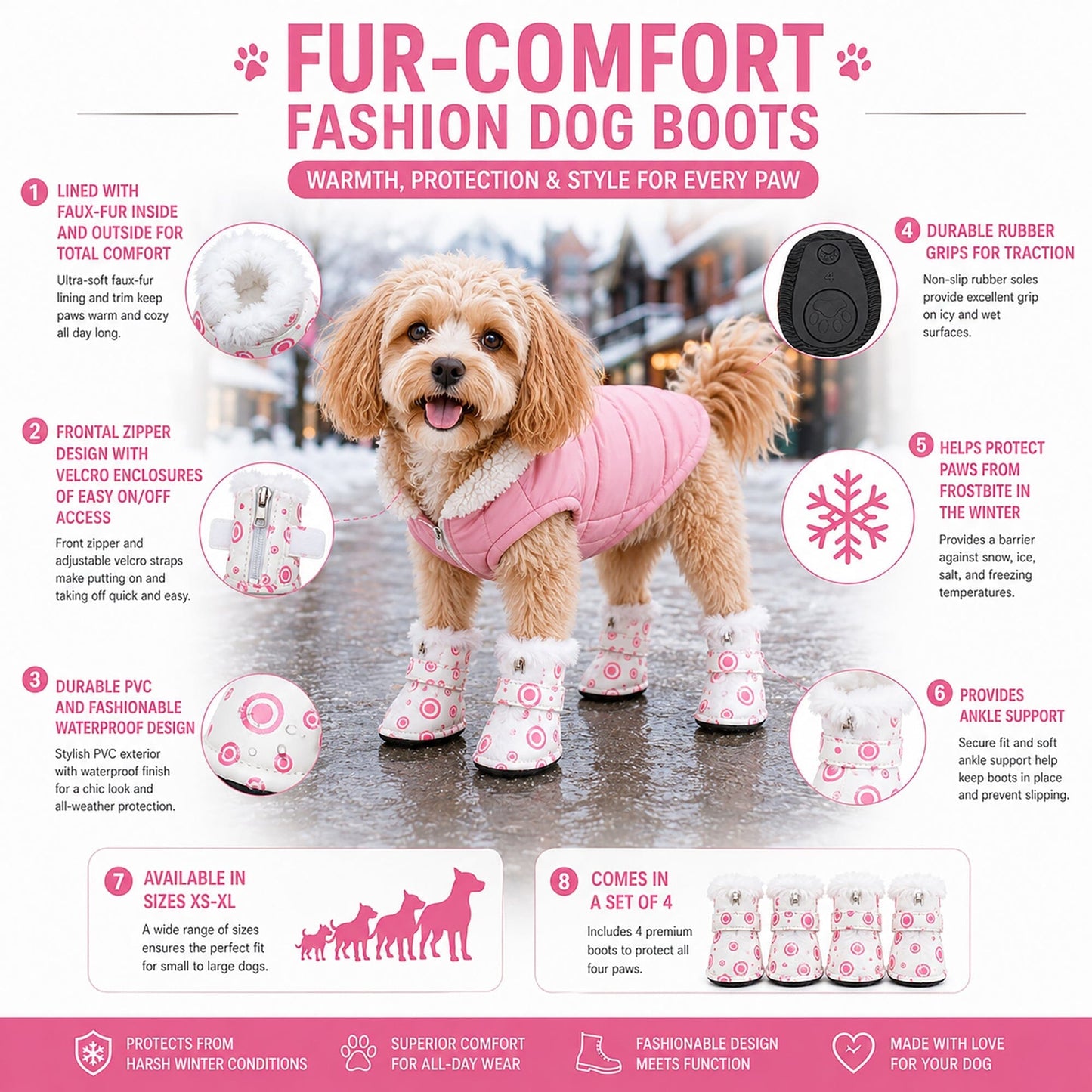 Pet Life ® Fur-Comfort 3M Insulated Fashion Fur and PVC Waterproof Winter Dog Boots - Set of 4