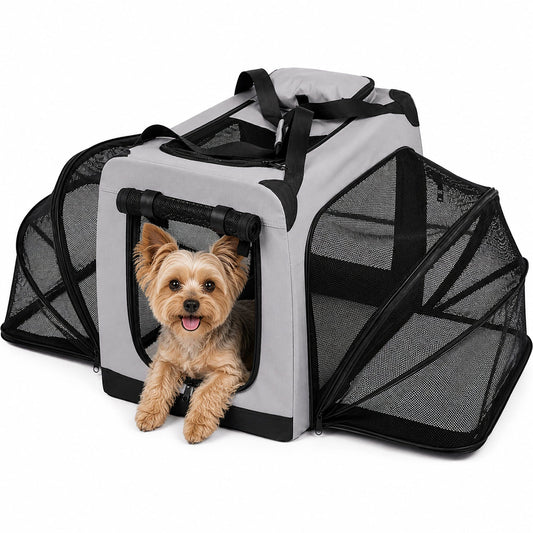 Pet Life ®  'Hounda Accordion' Metal Framed Soft-Folding Collapsible Dual-Sided Expandable Pet Dog Crate - Main Feature View | Majestic Pet Kingdom
