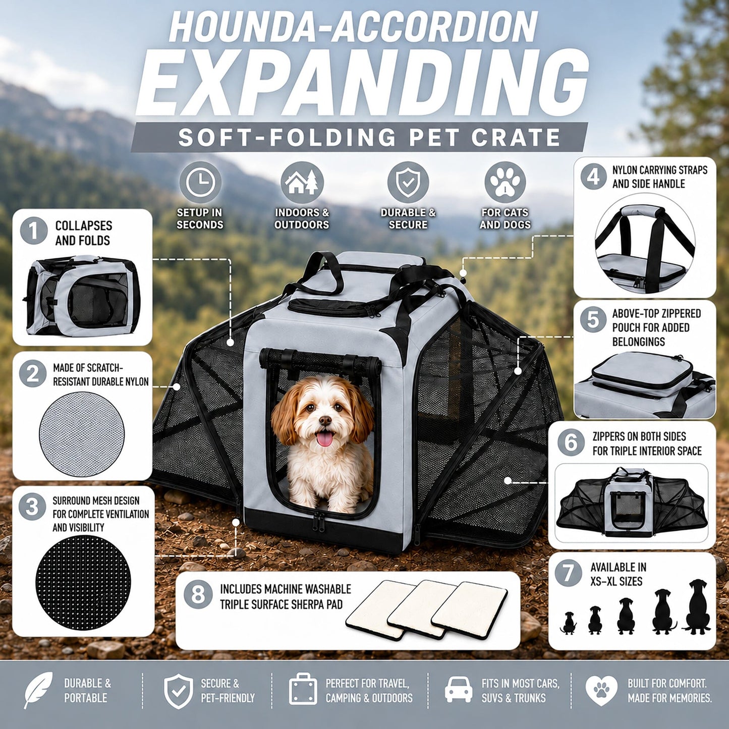 Pet Life ®  'Hounda Accordion' Metal Framed Soft-Folding Collapsible Dual-Sided Expandable Pet Dog Crate