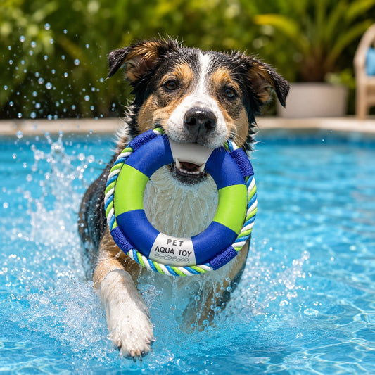 Dog Toy Life Raver Floating Squeaky Ring with Jute Rope Tug
