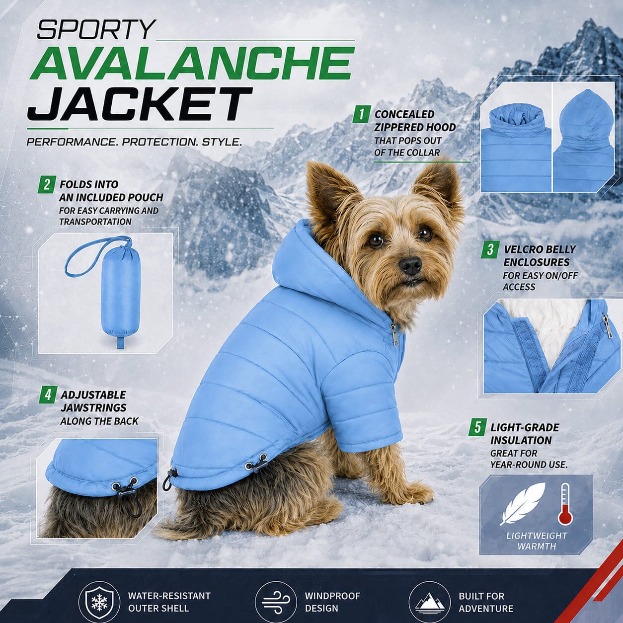 Pet Life ® Lightweight Adjustable and Collapsible 'Sporty Avalanche' Dog Coat w/ Pop-out Zippered Hood