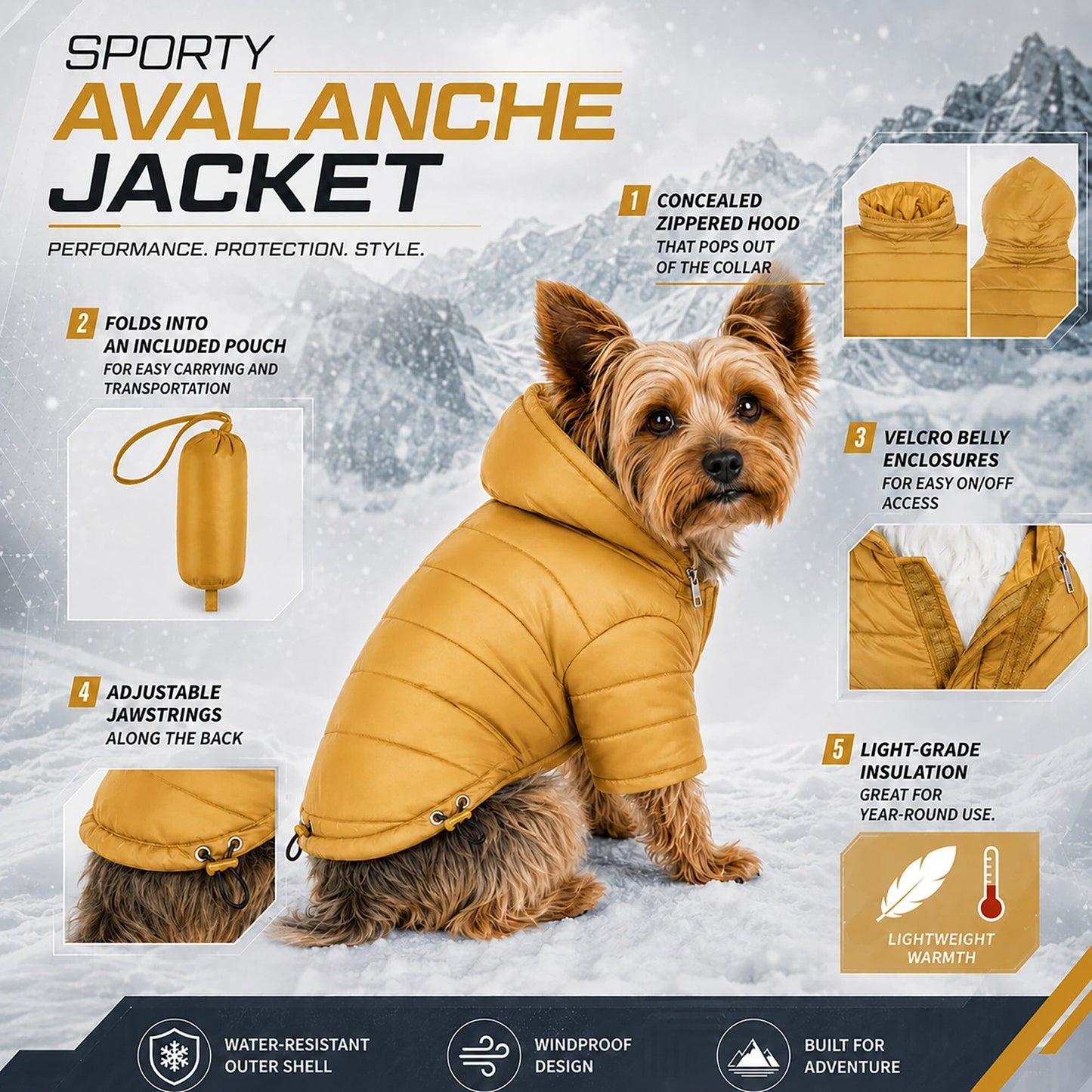 Pet Life ® Lightweight Adjustable and Collapsible 'Sporty Avalanche' Dog Coat w/ Pop-out Zippered Hood