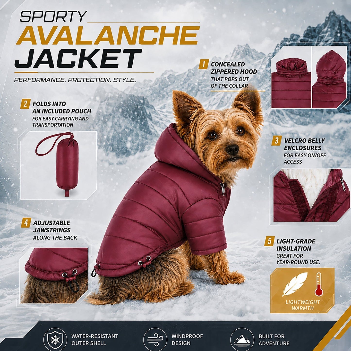 Pet Life ® Lightweight Adjustable and Collapsible 'Sporty Avalanche' Dog Coat w/ Pop-out Zippered Hood