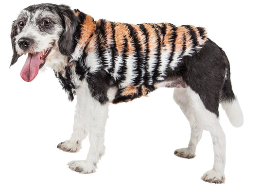 Pet Life ®  Luxe 'Tigerbone' Tiger-Patterned Mink Fashion Fur Dog Jacket - Main Feature View | Majestic Pet Kingdom