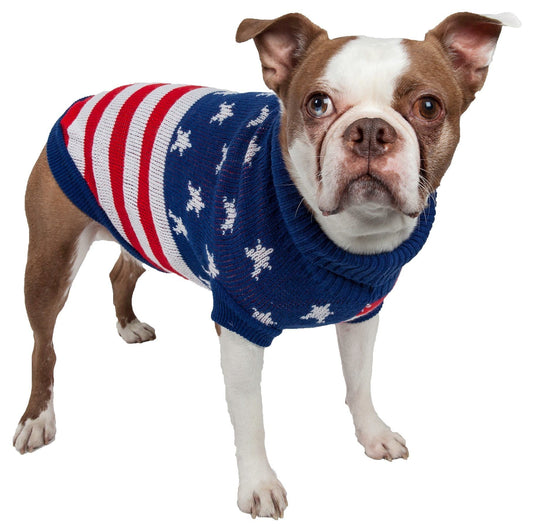 Pet Life ® 'Patriot Independence Star' Heavy Knitted Fashion Ribbed Turtle Neck Dog Sweater - Main Feature View | Majestic Pet Kingdom