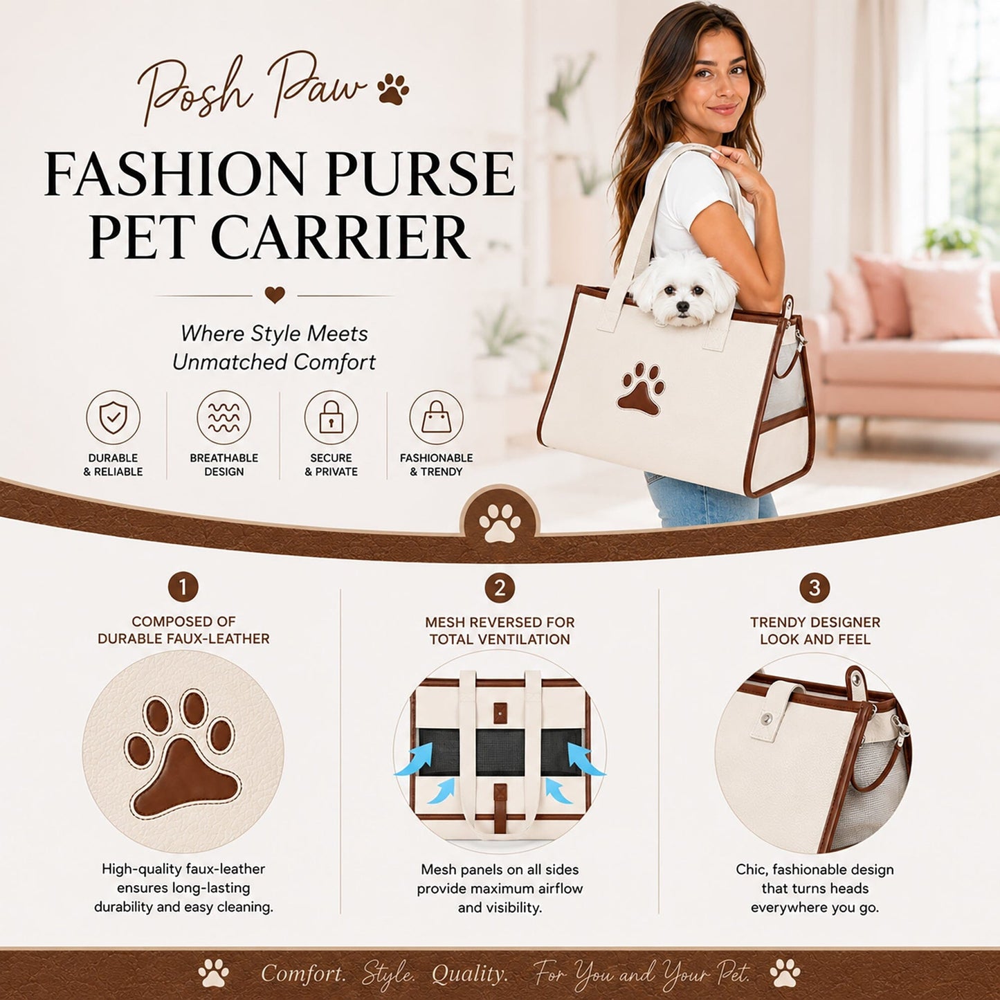 Pet Life ® 'Posh Paw' Elegant Leatherette Designer Fashion Travel Pet Dog Carrier Tote