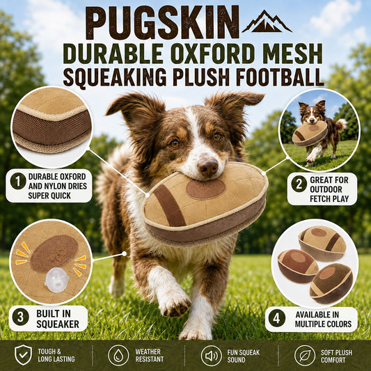 'Pugskin' Durable Oxford Nylon and Mesh Plush Squeaky Football Dog Toy