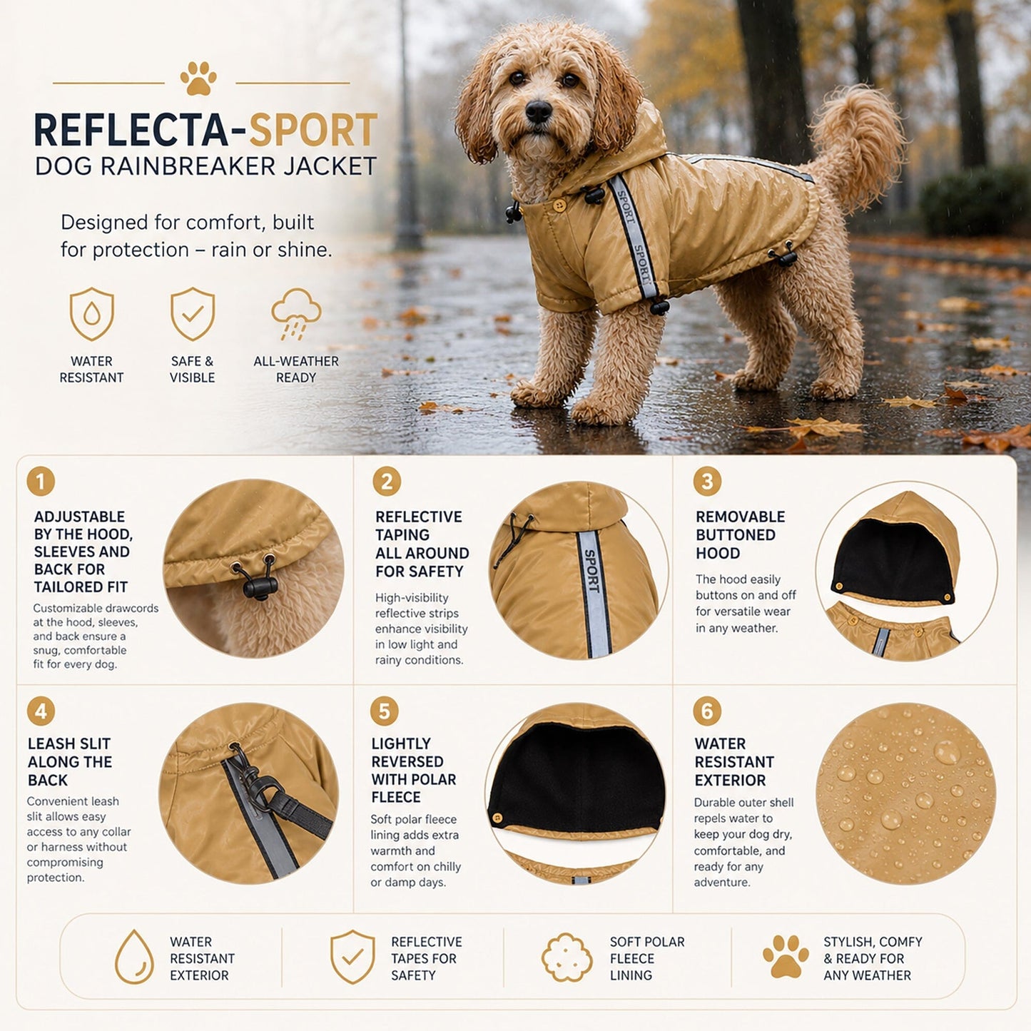 Pet Life ® 'Reflecta-Sport' Multi-Adjustable Reflective Weather-Proof Dog Raincoat w/ Removable Hood