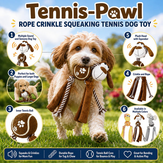 'Tennis Pawl' Rope  Squeaker and Crinkle Tennis Dog Toy