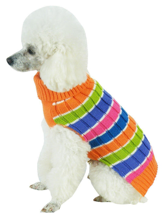 Pet Life ® 'Tutti-Beauty' Rainbow Heavy Cable Knitted Ribbed Designer Turtle Neck Dog Sweater - Main Feature View | Majestic Pet Kingdom