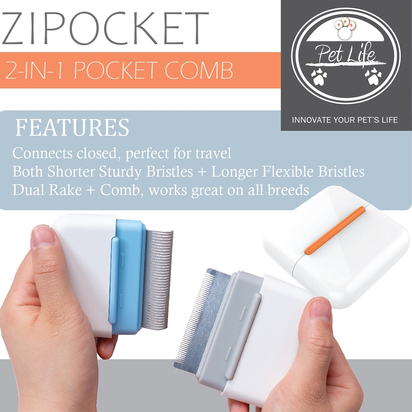 Pet Life ® 'Zipocket' 2-in-1 Underake and Stainless Steel Travel Grooming Pet Comb