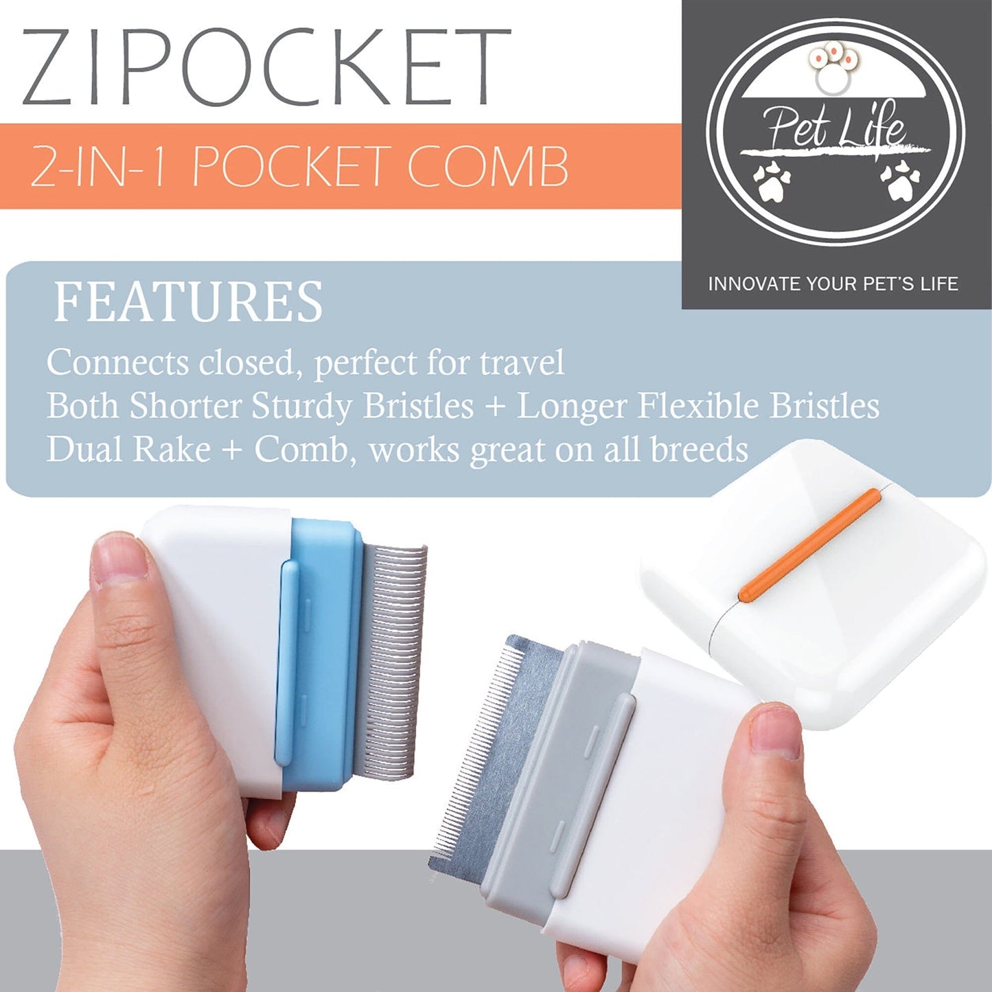 Pet Life ® 'Zipocket' 2-in-1 Underake and Stainless Steel Travel Grooming Pet Comb