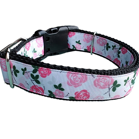 Dog Collar Pink Roses Romantic Botanical Floral Pattern Nylon