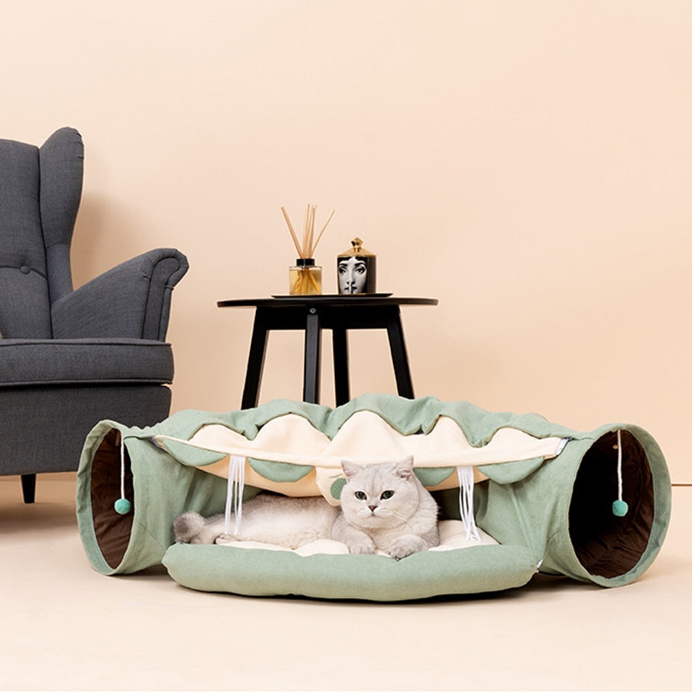 Collapsible Removable Cat Tunnel Tube With Cat Bed Set - Majestic Pet Kingdom