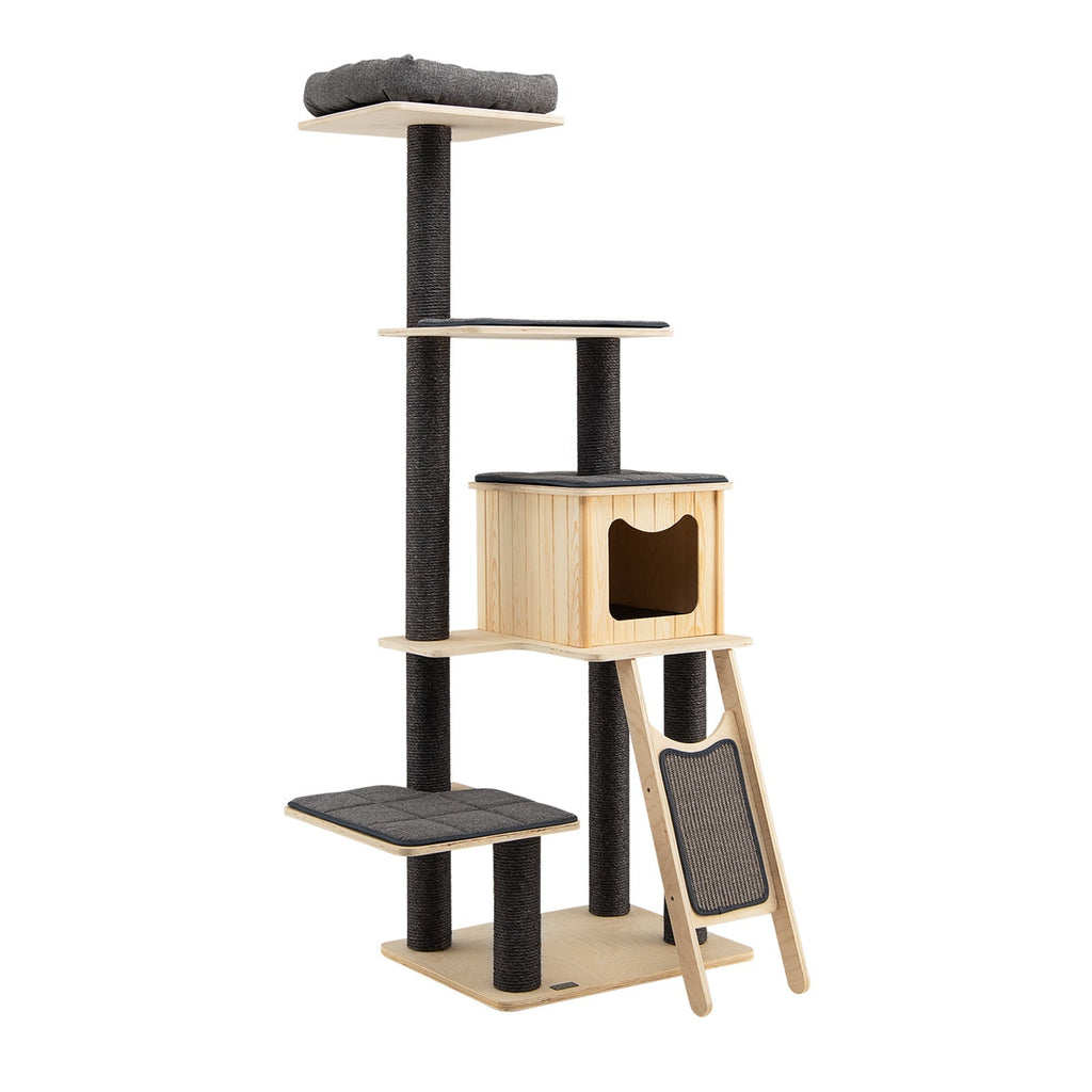 5-Tier Modern Wood Cat Tower with Washable Cushions-Gray - Majestic Pet Kingdom