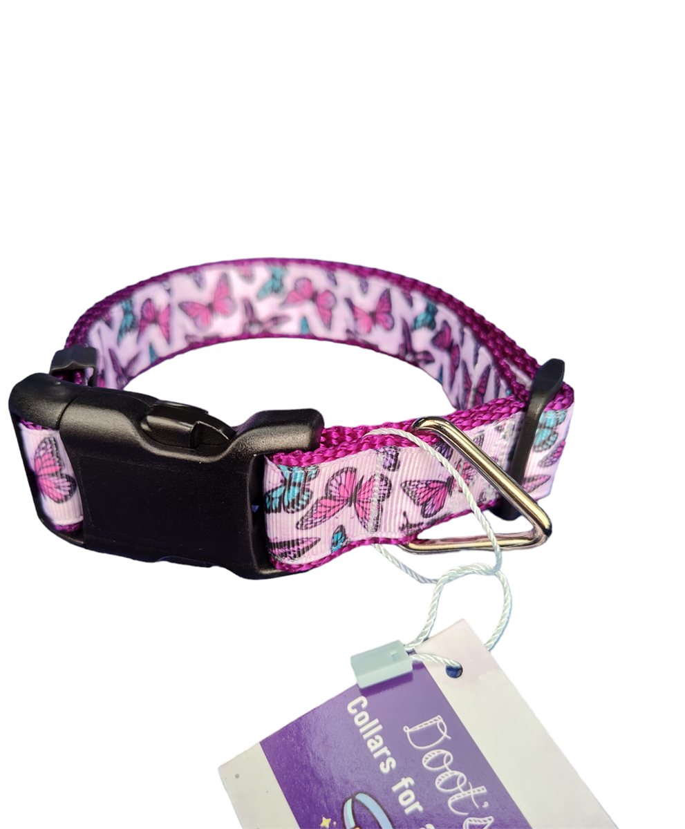 Dog Collar Purple Butterflies Botanical Insect Patterned Nylon - Detail Angle 4 | Majestic Pet Kingdom