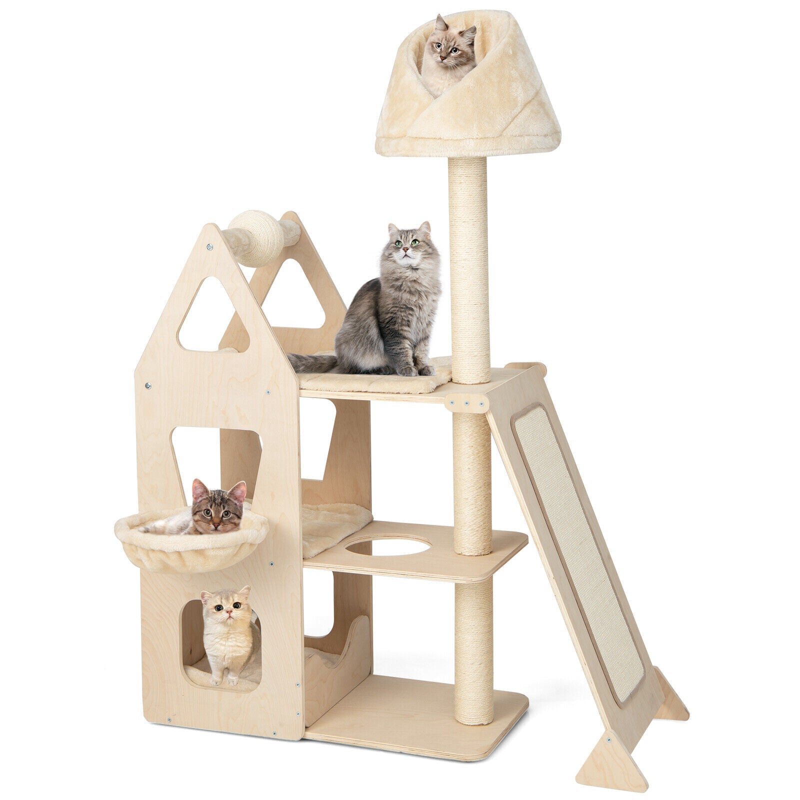 Multi-Level Cat Tree with Sisal Scratching Post-Beige - Majestic Pet Kingdom