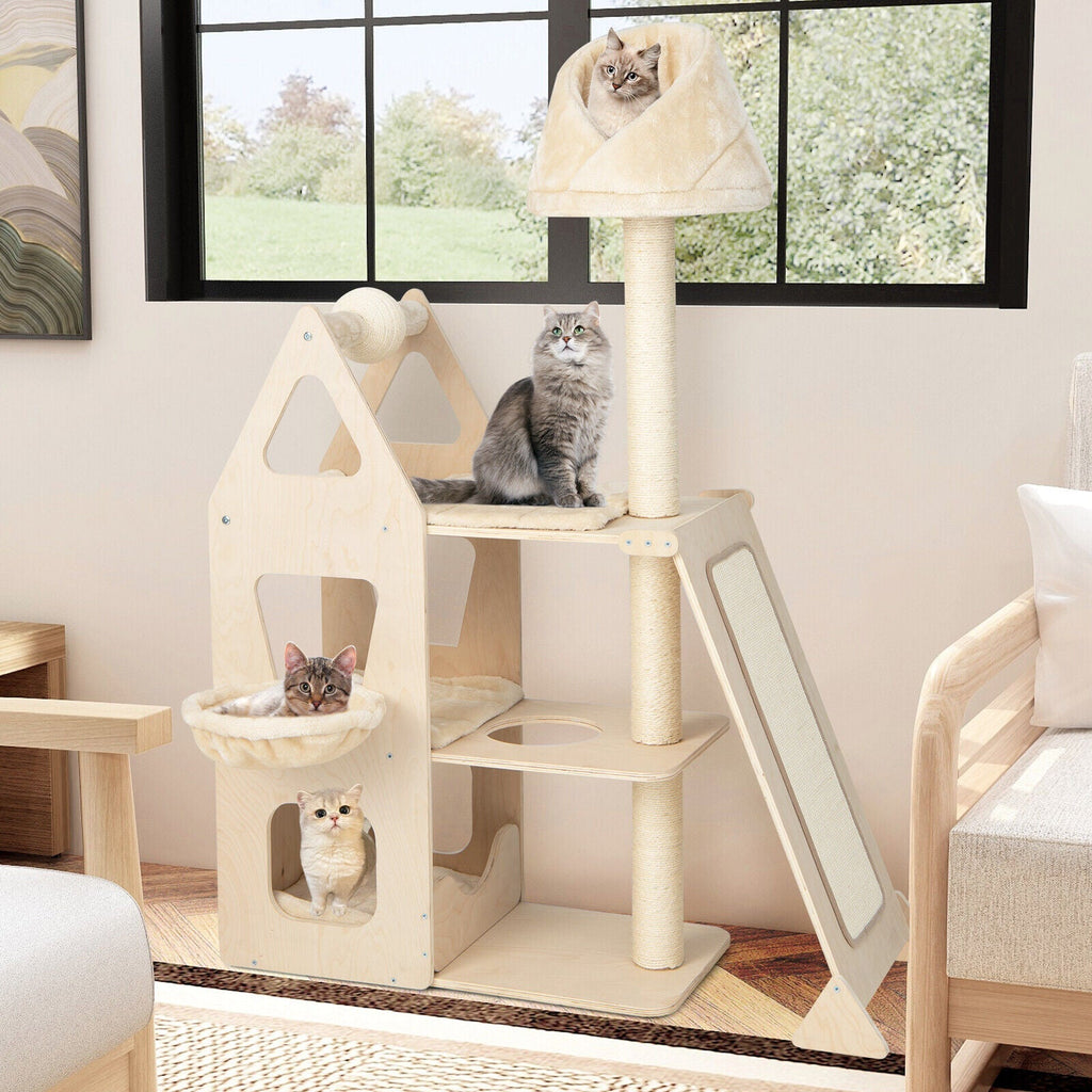 Multi-Level Cat Tree with Sisal Scratching Post-Beige - Majestic Pet Kingdom