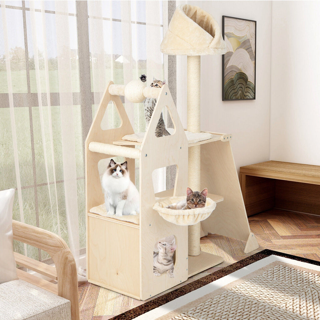 Multi-Level Cat Tree with Sisal Scratching Post-Beige - Majestic Pet Kingdom