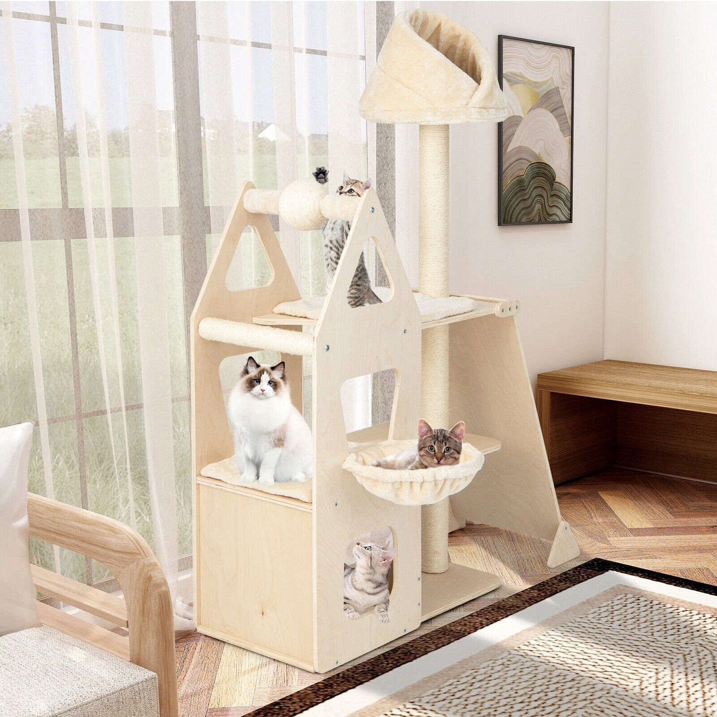 Multi-Level Cat Tree with Sisal Scratching Post-Beige - Majestic Pet Kingdom