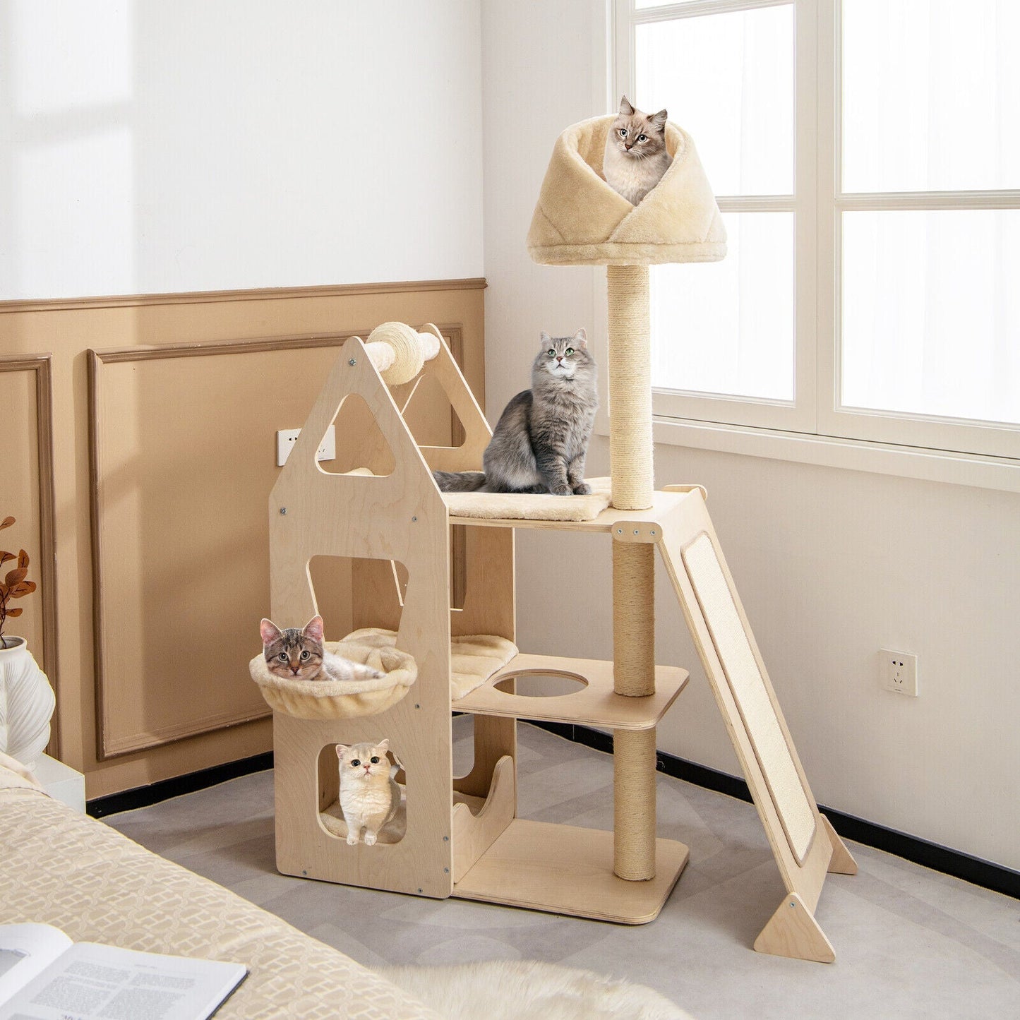 Multi-Level Cat Tree with Sisal Scratching Post-Beige - Majestic Pet Kingdom