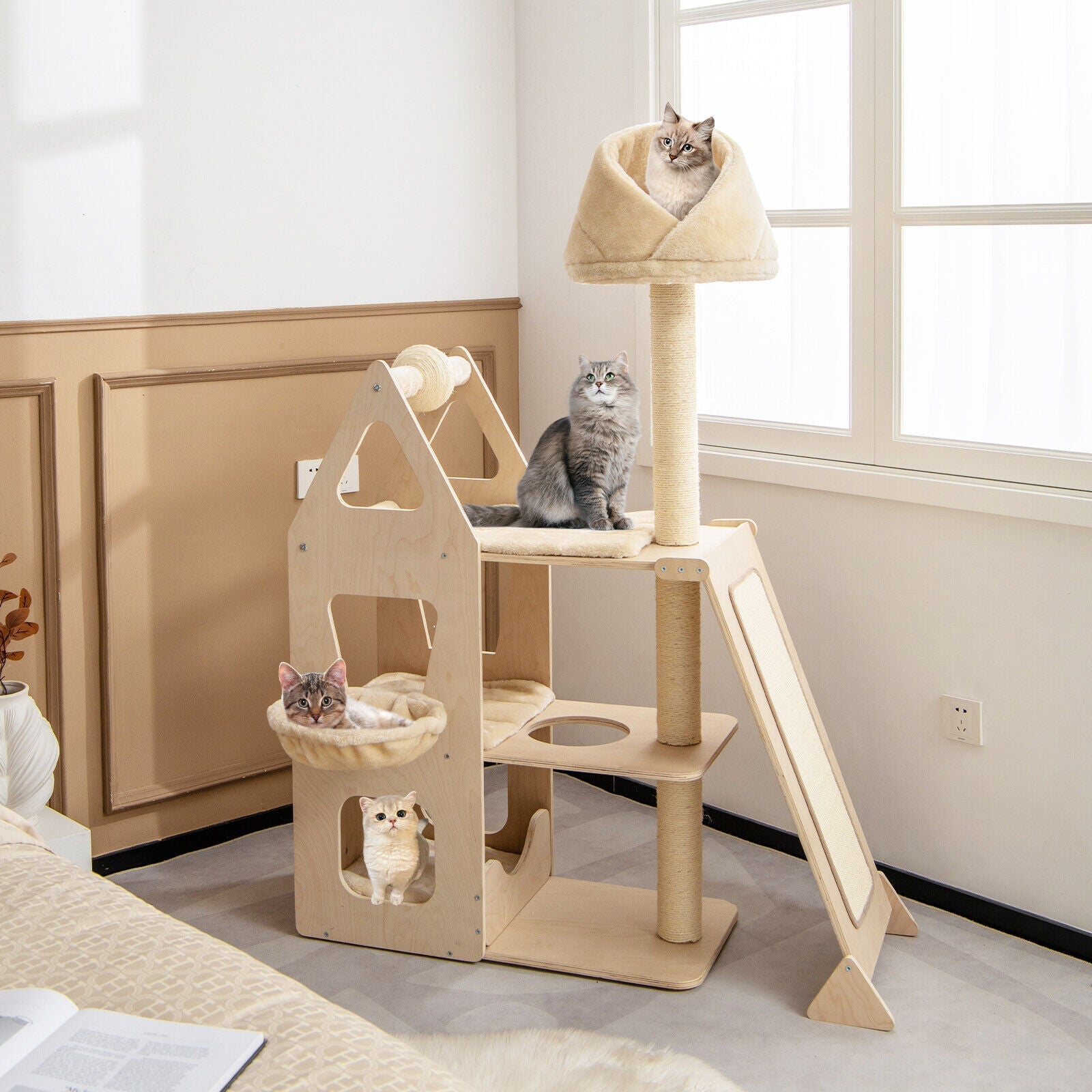 Multi-Level Cat Tree with Sisal Scratching Post-Beige - Majestic Pet Kingdom