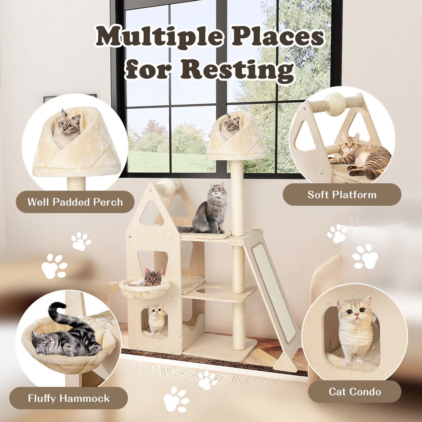 Multi-Level Cat Tree with Sisal Scratching Post-Beige - Majestic Pet Kingdom